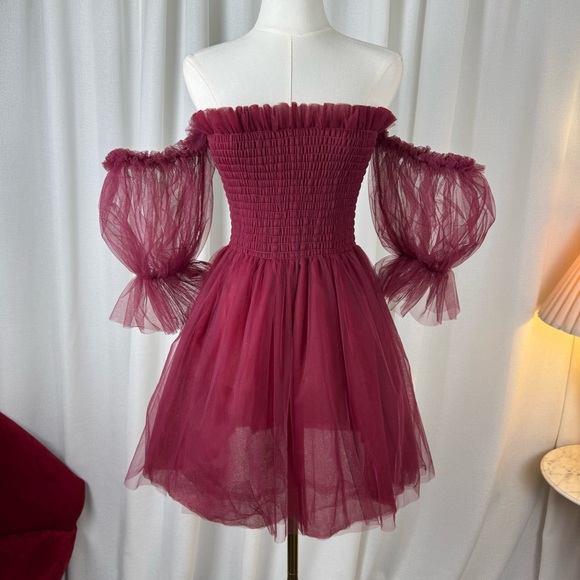 Beasha Studios Tulle Babydoll Wine Mini Dress with Puff Sleeves L - Picture 2 of 13
